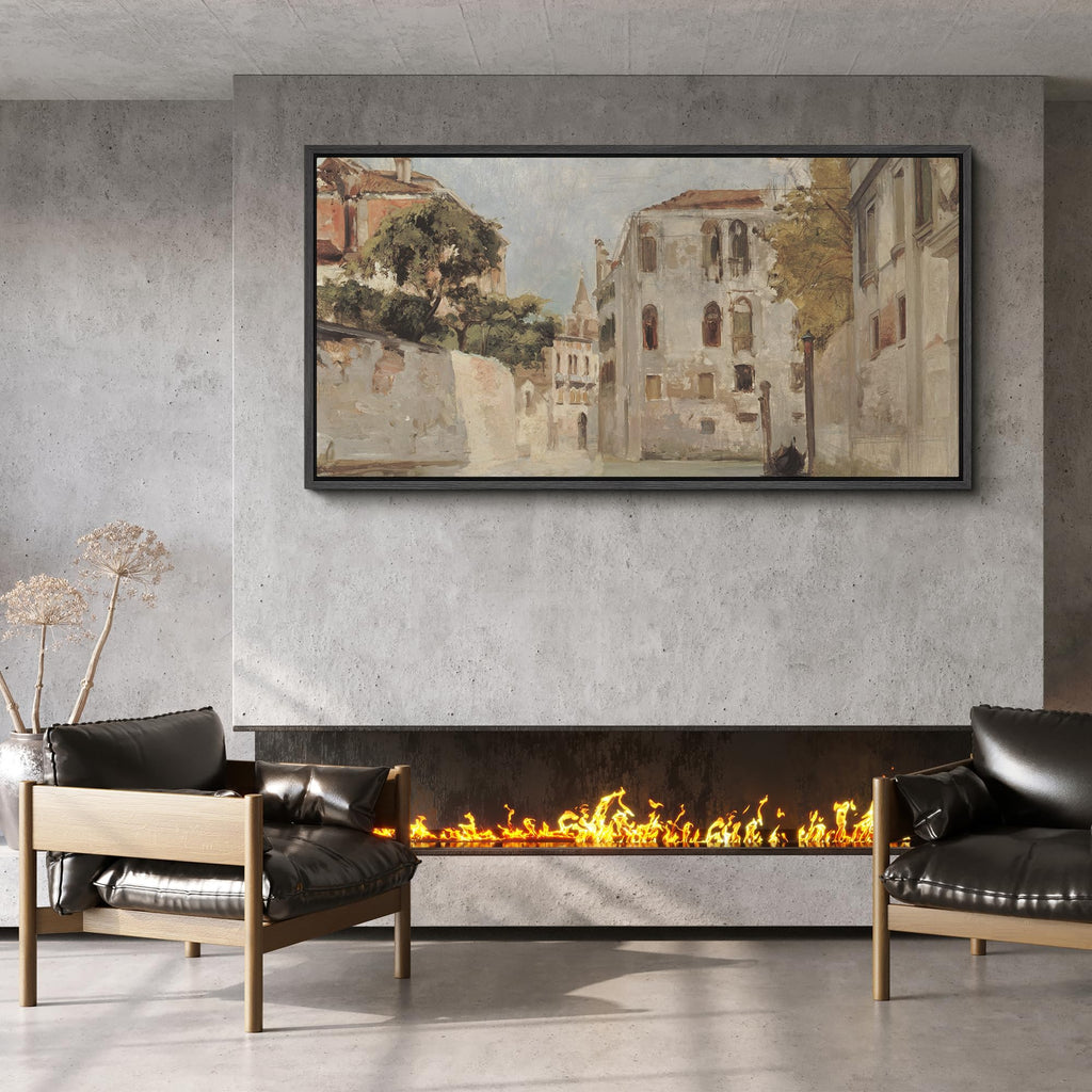 Extra Large Framed Canvas Print Wall European Street Scene Vintage Architecture Antique Retro Ready to Hang Painting