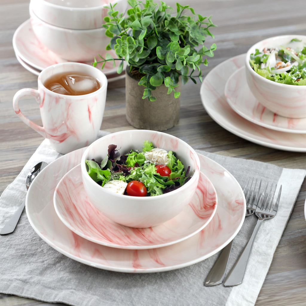Fine Marble 16 Piece Porcelain Dinnerware Set, Tableware Set, Everyday Dining, Service for 4 (Red)
