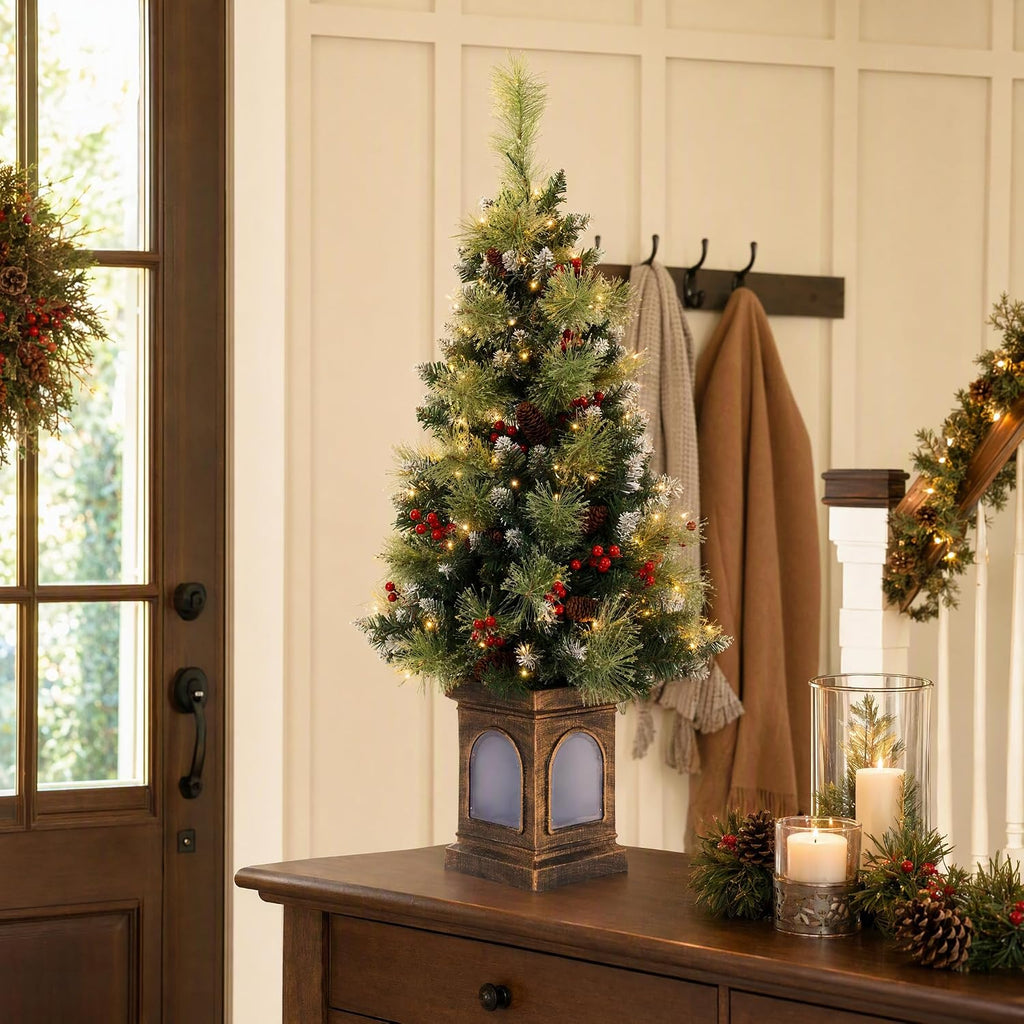 4 FT Pre-Lit Artificial Christmas Tree with Lantern-Style Base