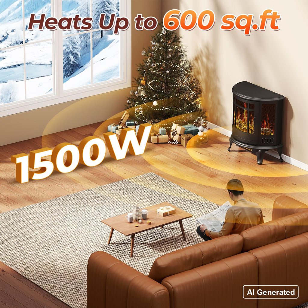 Electric Fireplace Stove-Oval Freestanding Fireplace Heater w/ 3D Flame, Thermostat Control, 1500W Quiet Heating