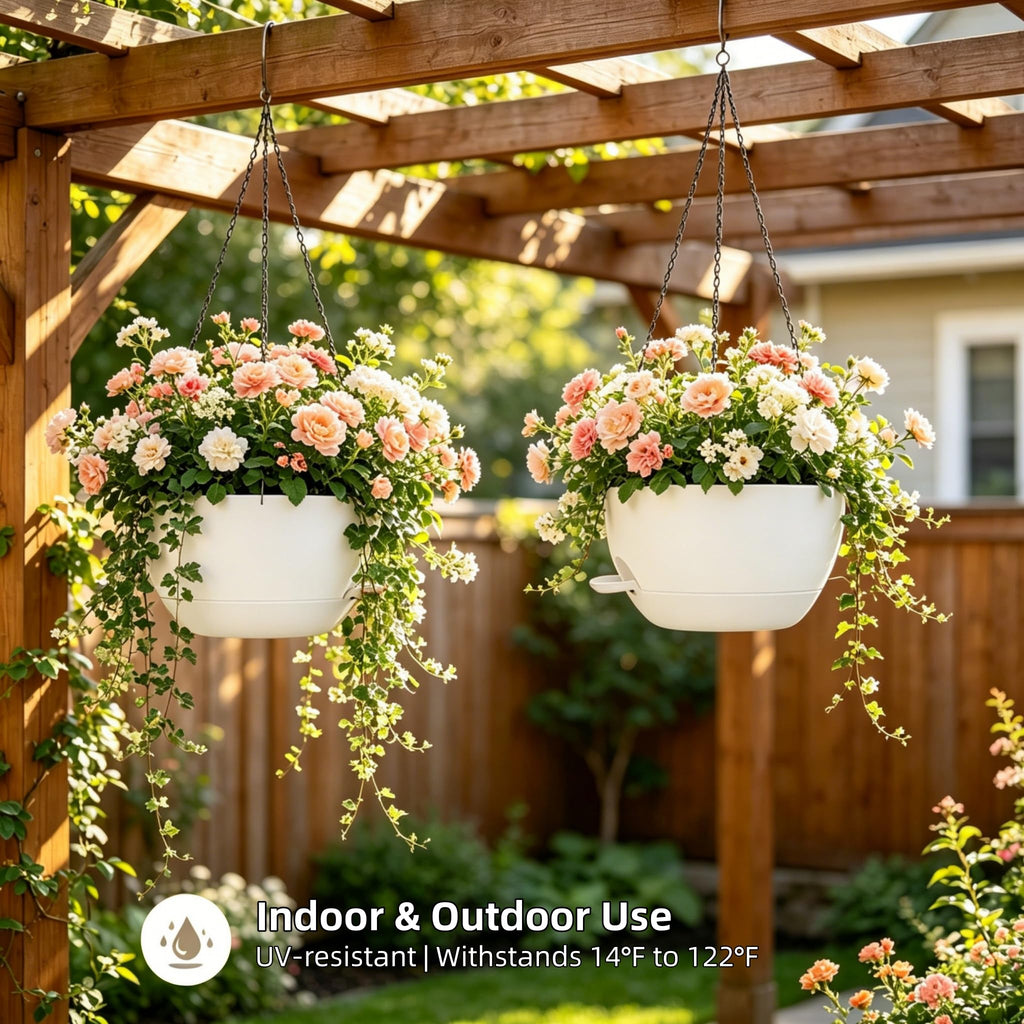 12" Self Watering Hanging Planters with Chains, White, 2 Pack