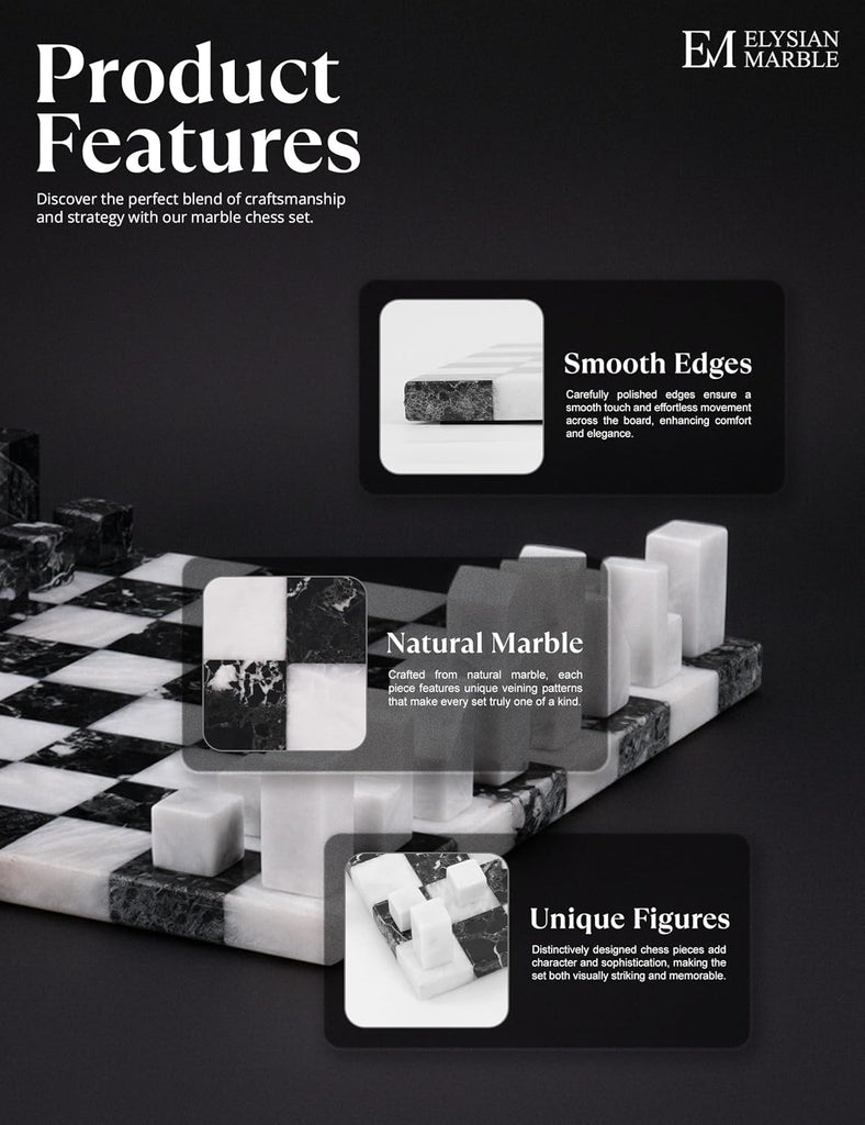 Modern Chess Set - Handcrafted Borderless Marble Chess Board with Minimalist Geometric Pieces, Luxury Decorative