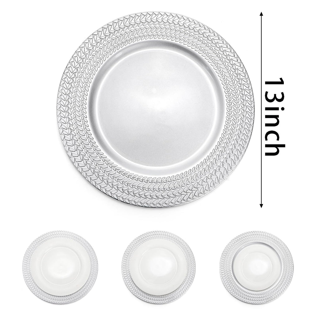 12 Pack Silver Charger Plates, 13 Inch Plastic Dinner Plate, Leaf Trim Antique Charger Plate for Weddings, Parties