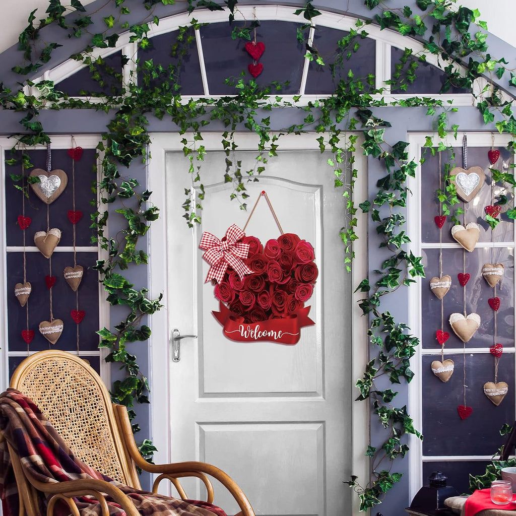 Valentine's Day Wooden Hanging Welcome Sign Romantic Retro Rose Door Decor Rustic Farmhouse Wreath Sign Door