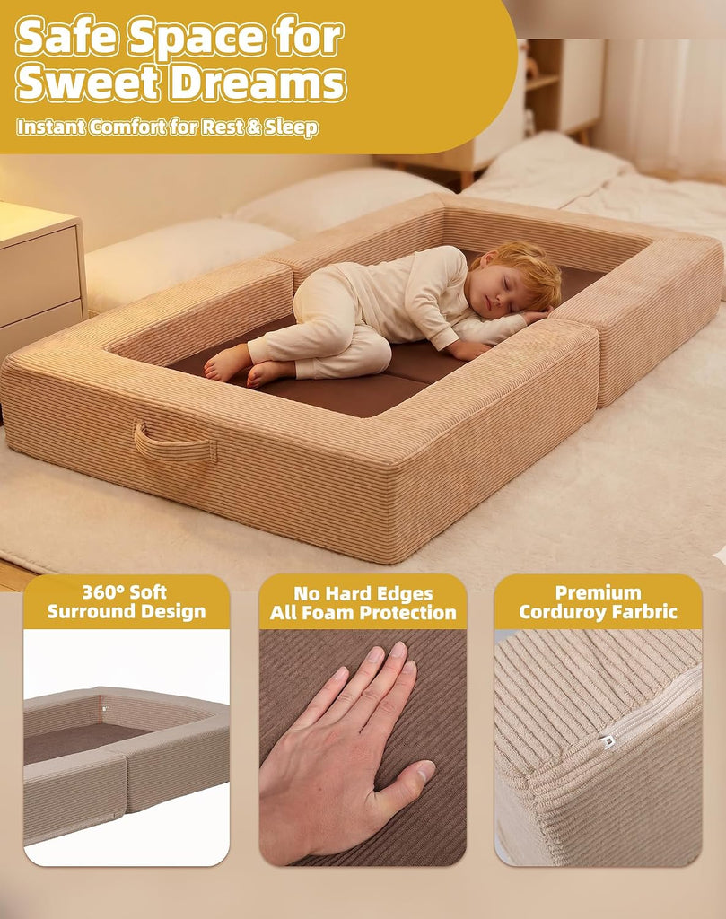 Toddler Travel Sofa Bed with Bear Pattern, 3-in-1 Convertible Toddler Sofa Bed, Portable Soft Foam Kids Couch