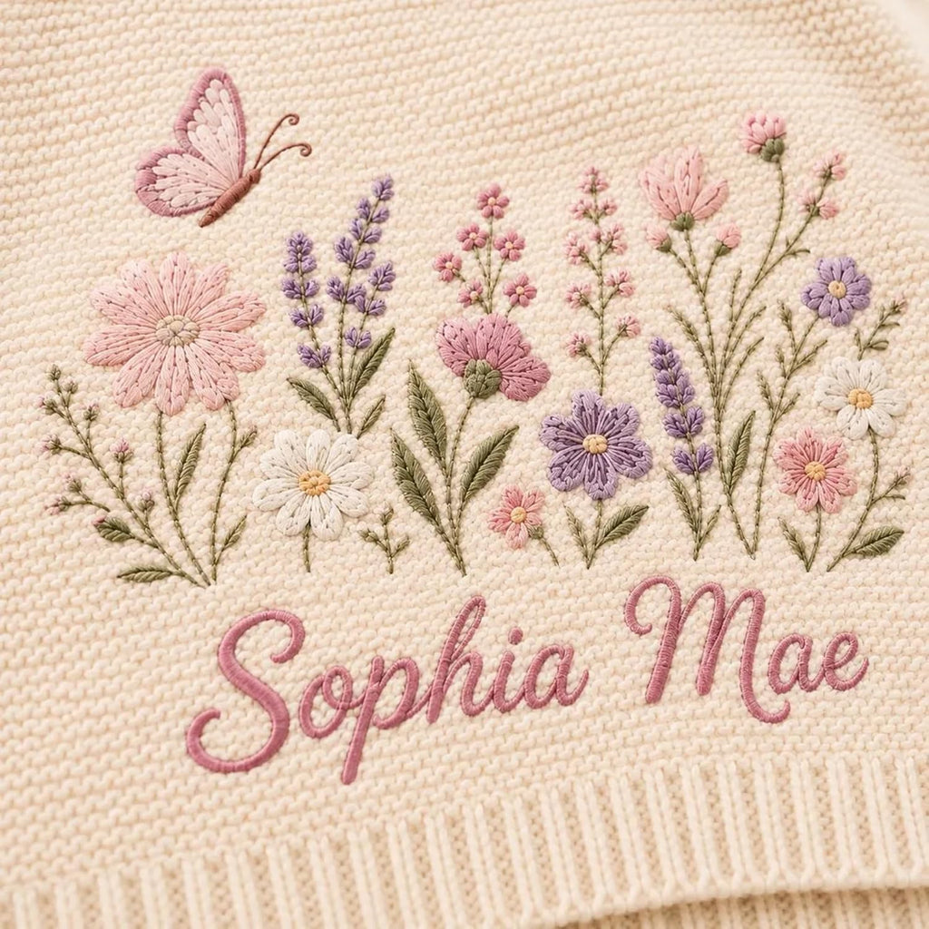 Personalized Knit Baby Blanket, Custom Name Embroidered Wildflower Blanket, Butterfly Baby Girl Keepsake, Newborn Gift