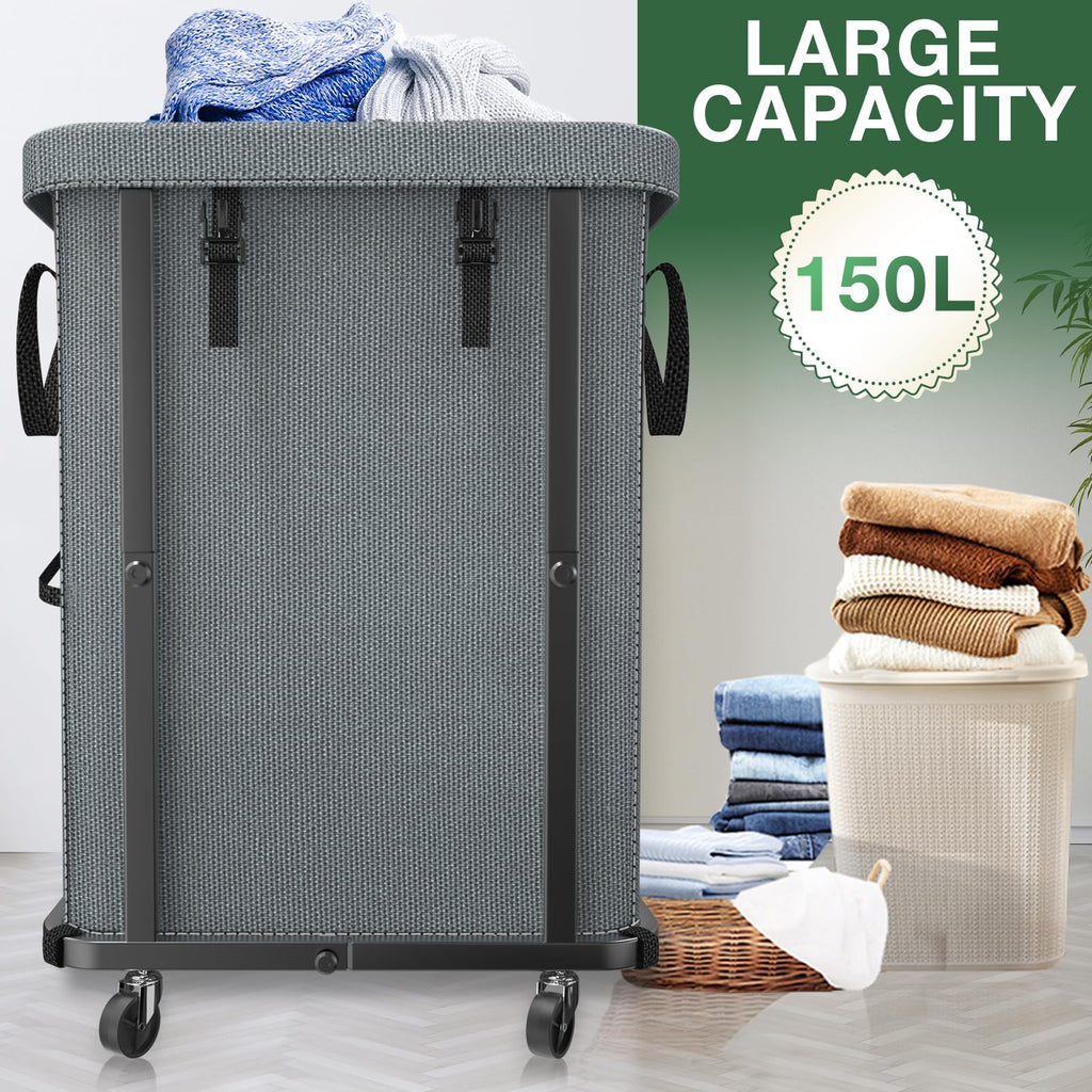 Hamper with Lid,150L Rolling Laundry Basket with Wheels,Grey