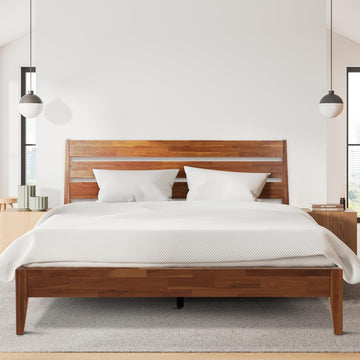 Emery Bed Frame with Headboard Solid Wood Platform Bed, Queen Size Bed Frame, Mid - Century Modern Wood Bed