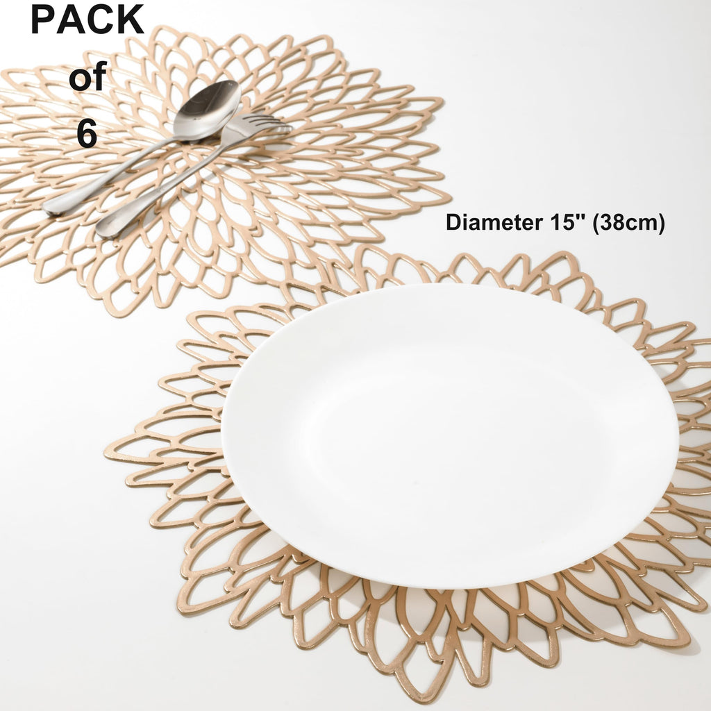 6 Pack Gold Placemats Metallic Pressed Vinyl Round Leaf Plastic Dinning Table Place Mats Fancy Decorative for Wedding