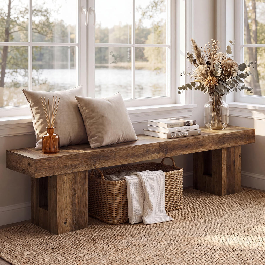 Entryway Bench, 83-Inch Shoe Bench with Sturdy Base, Modern Rustic Decorative Seat & Window Nook, Brown