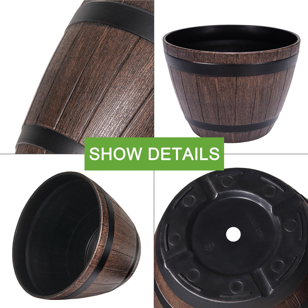 Plant Pots with Drainage Holes & Saucer, 13 Inch Flower Pots with Tray, 3 Pack Plastic Whiskey Barrel Planters for