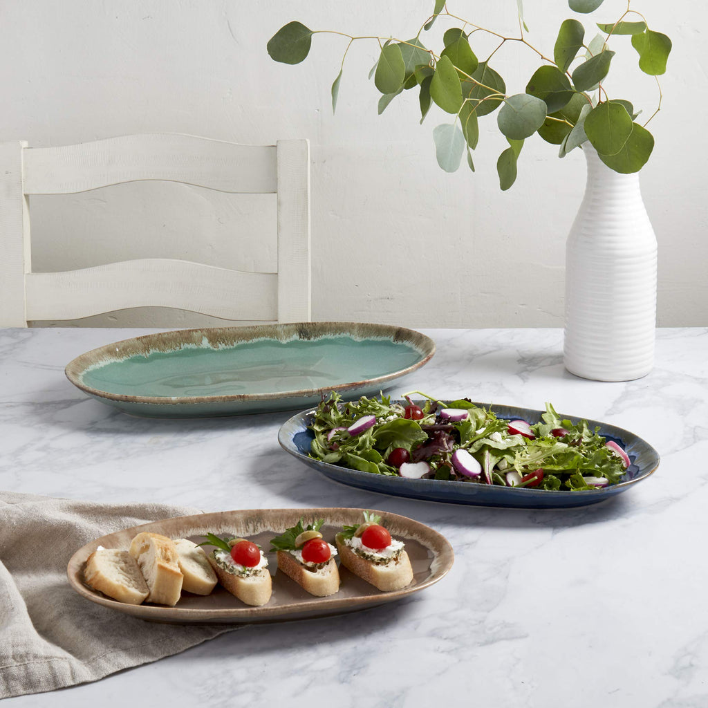 Gallery Tuscan Collection Reactive Glaze 3 Piece Oval Stoneware Serving Trays Platters Kitchen Serveware, Blue Teal