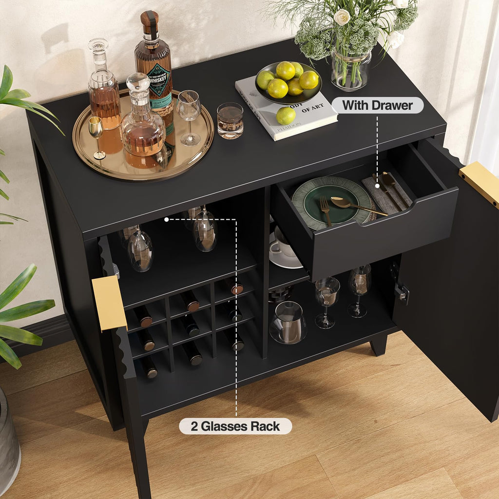 Modern Fluted Coffee Bar Cabinet with Removable Wine Rack, Black