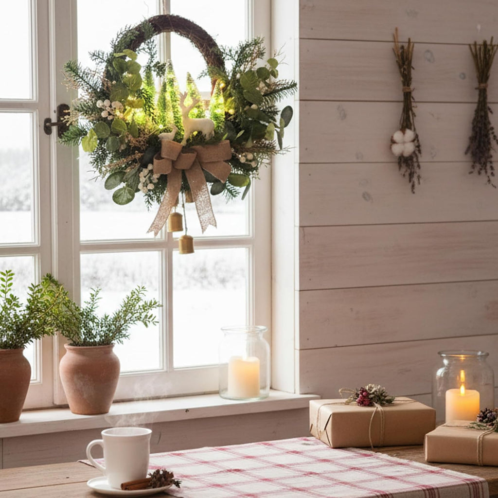 Lighted Christmas Wreath with LED Lights & White Deer, Bottle Brush Trees, Burlap Bow and Bells, Artificial Greenery