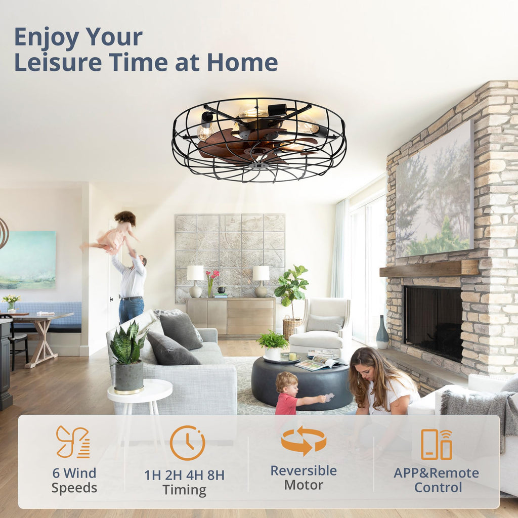 26" Caged Farmhouse Ceiling Fans with Lights and Remote/App, Black