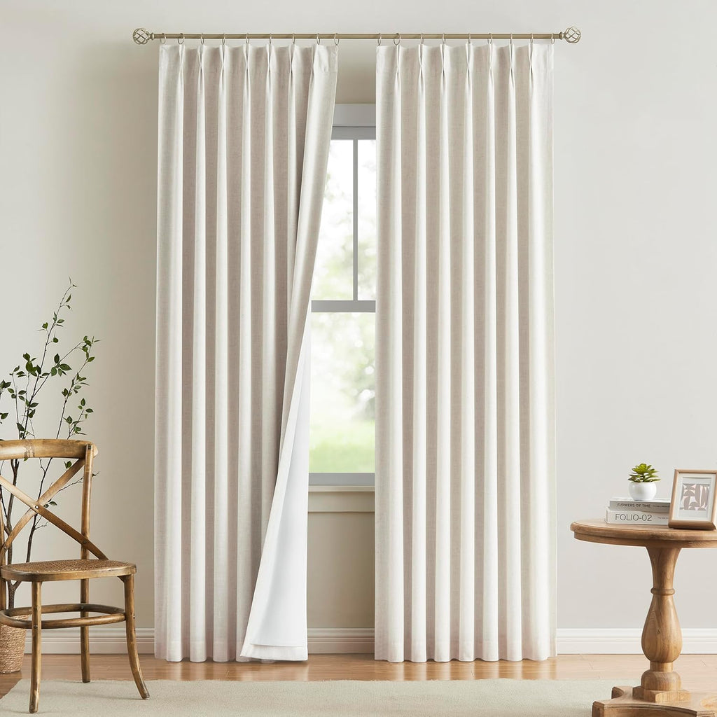Natural Pinch Pleated Full Blackout Curtains Linen Blended Room Darkening Window Curtains 90 inch for Living Room