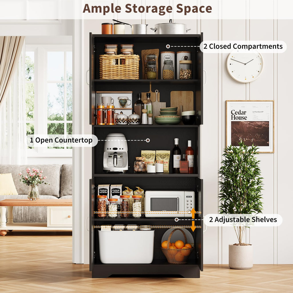 70" Kitchen Pantry Storage Cabinet, Tall Wood Sideboard, Black
