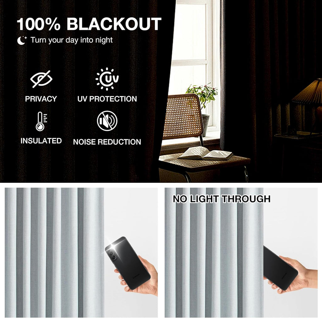 Blue Gray Pinch Pleated Full Blackout Curtains, Linen Blend Room Darkening Thermal Insulated Soundproof Drapes, 84