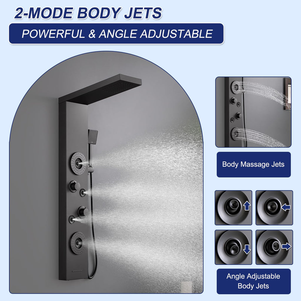 5 in 1 Rainfall Shower Panel Tower with Tub Spout, Matte Black
