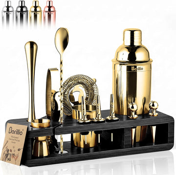 Gold Bartender Kit - Stainless-Steel Cocktail Shaker Set w/Black Bamboo Stand - Mixology Bar Tools w/Drink Shaker