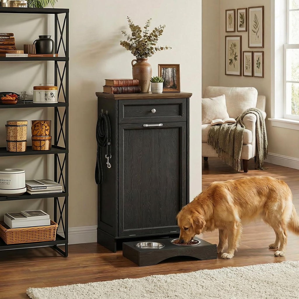 21''W Dog Feeding Station with Storage, Tilt Out Dog Food Cabinet with Drawer, 2 Feeding Bowls, Pet Food Storage, Cat