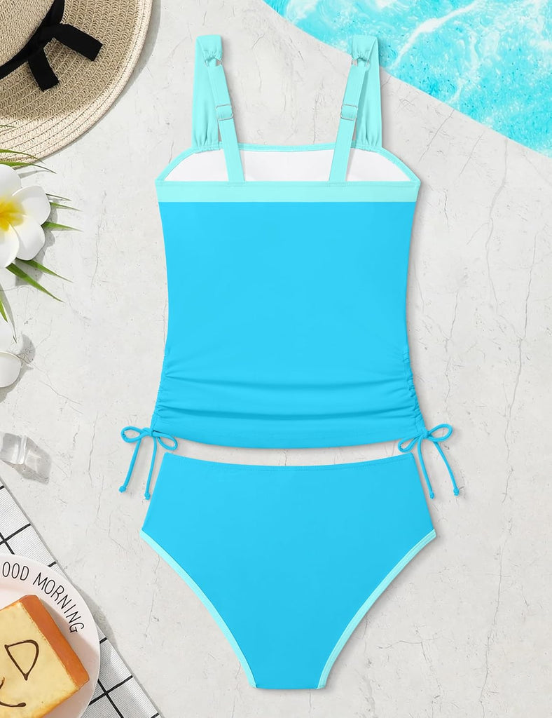 Teen Girls Tankini Swimsuit 2 Piece Bathing Suit Color-Block Drawstring Girls' Swimwear