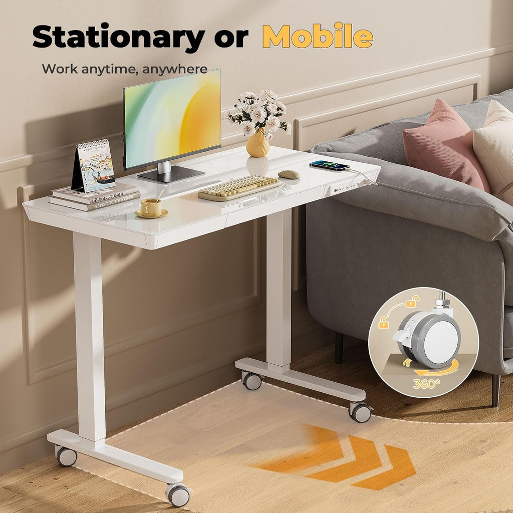 40" Glass Standing Desk with Drawer, Electric Stand up Desk | Height Adjustable Desk with One-Piece Tabletop & USB