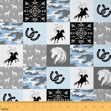 Western Cowboy Fabric by The Yard Blue Gray Camo Plaid Fabrics for Sewing Supplies Tribal Grid Horseshoe Horse
