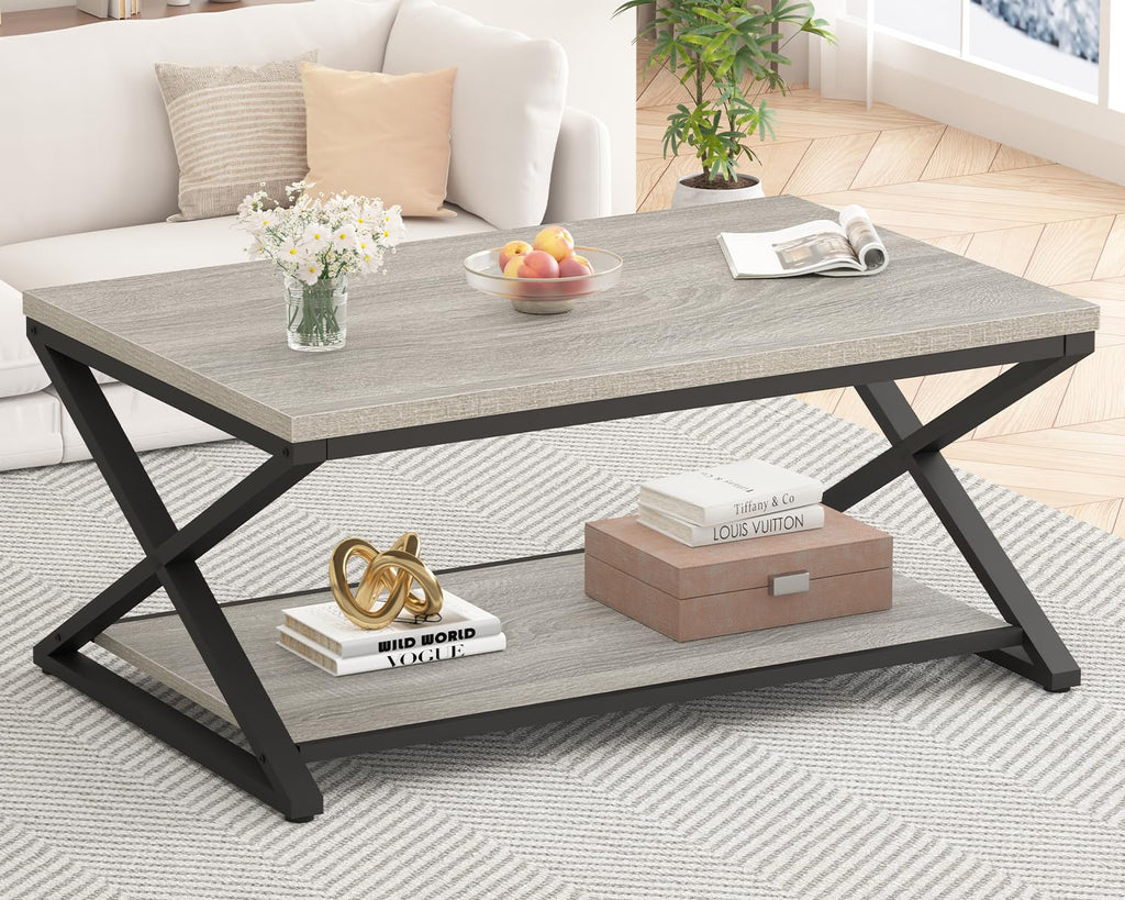 39" Rectangle Coffee Table with Storage, Grey Oak