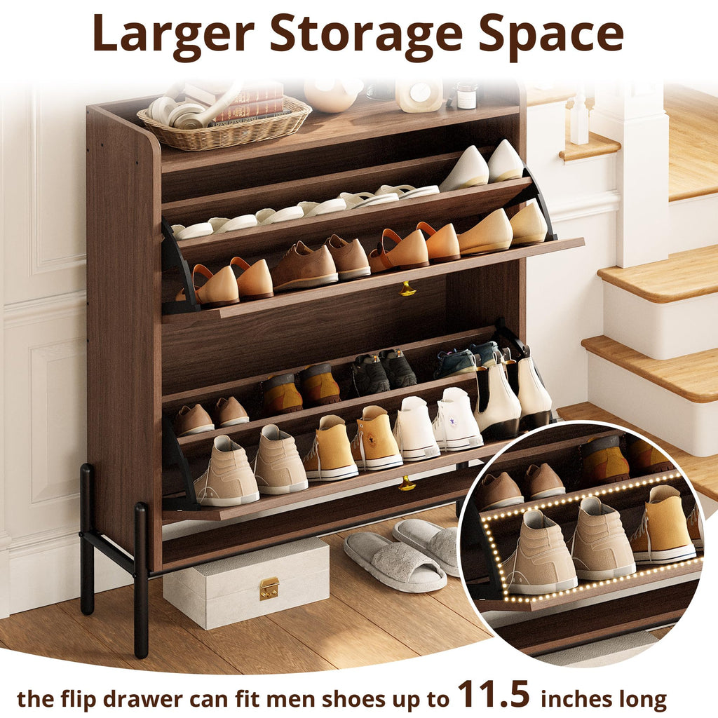 Rattan Shoe Cabinet Storage with 2 Flip Drawers, Walnut