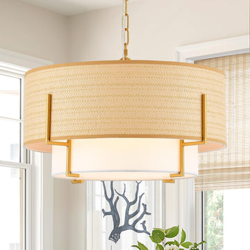 Boho Rattan Chandelier 19.8'' Farmhouse Drum Chandelier with Fabric Shade, 4-Light Rattan Light Fixture Rustic