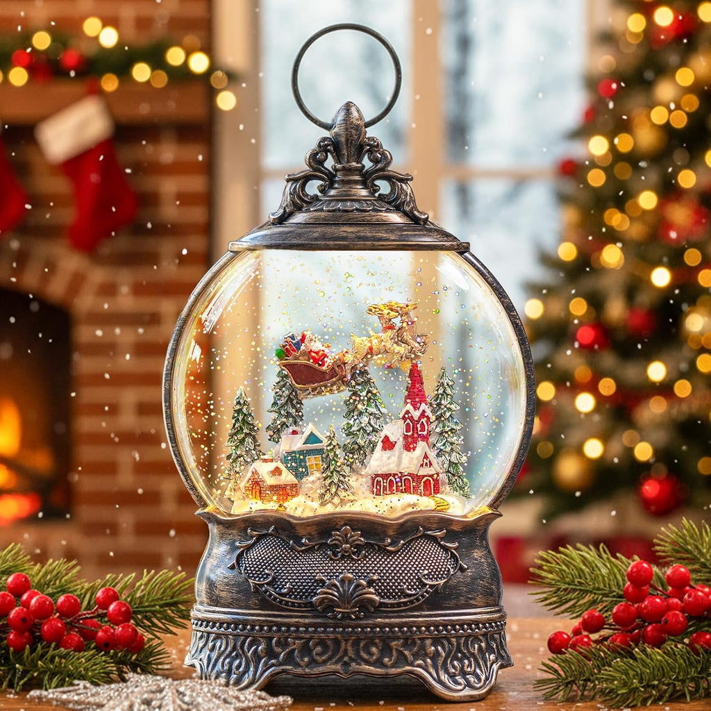 Christmas Snow Globe Lantern with Santa Claus Flying Reindeer, Lighted Swirling Glittering Snow Globes with Music &