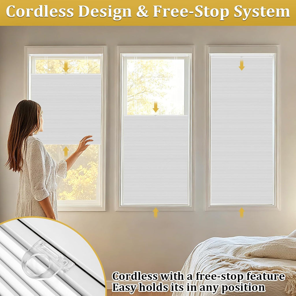 No Drill Top Down Bottom Up Cellular Shades, | White Cordless Blackout Honeycomb Blinds for Indoor Windows, Thermal