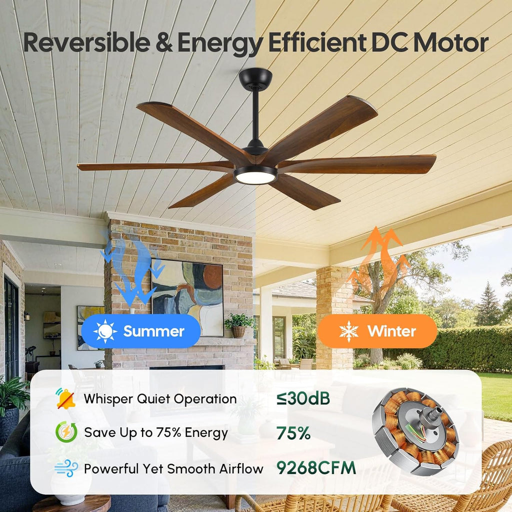 72 Inch Smart Outdoor Ceiling Fan with Light, Alexa/Wifi/Remote Control, 6 Solid Wood Blades Damp Rated