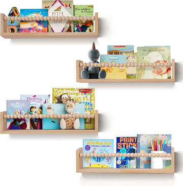 Nursery Book Shelves Set of 4,Wood Floating Nursery Shelves for Wall,Wall Bookshelves for Kids(Set of 4 Natural)