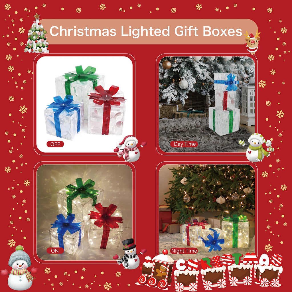 Set of 3 Christmas Lighted Gift Boxes, 60 LED Light Up Present Boxes for Christmas Decorations Indoor Outdoor Yard