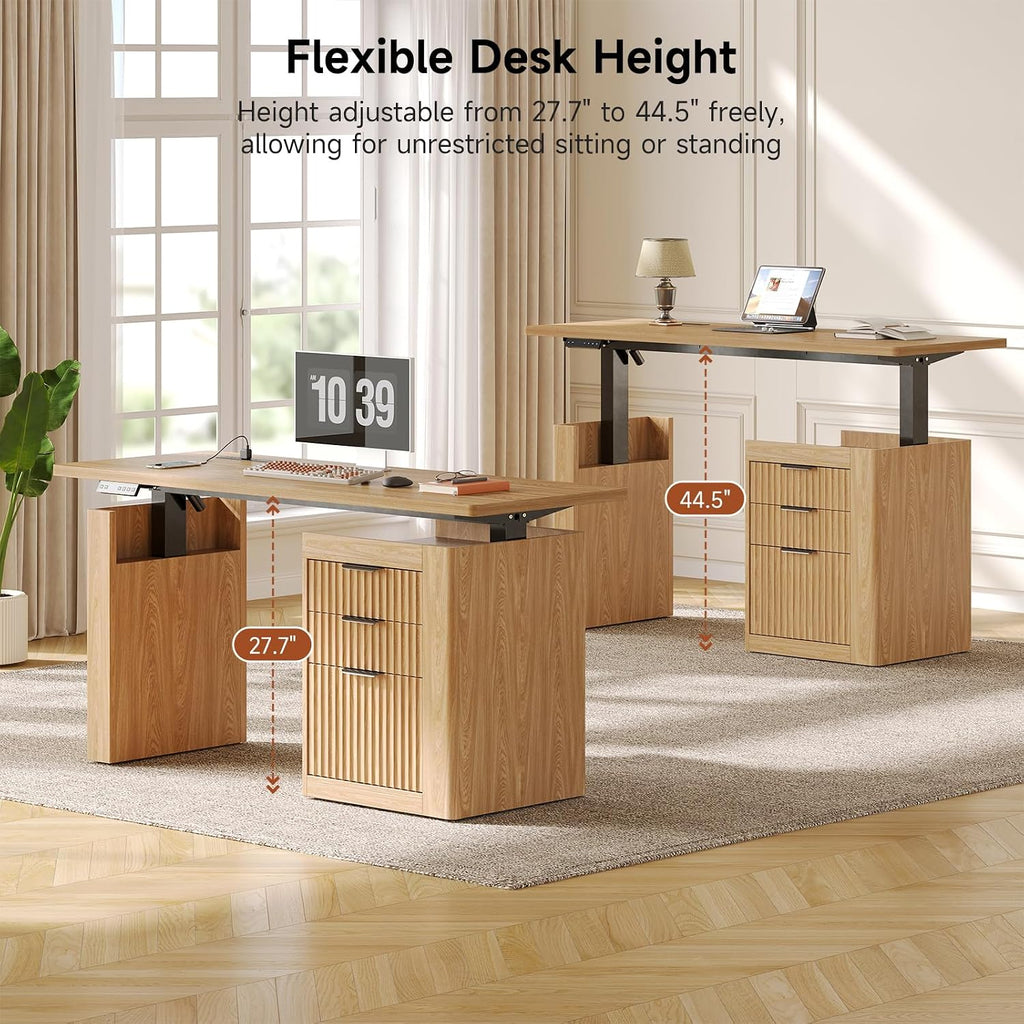 55" Electric Standing Desk with File Cabinet & Storage, Oak Brown | Height Adjustable Computer Desk with 3 Drawers