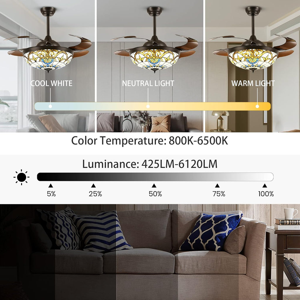 42" Tiffany Ceiling Fans with Lights Stained Glass Ceiling Fan Retractable Chandelier Fan with Remote Control