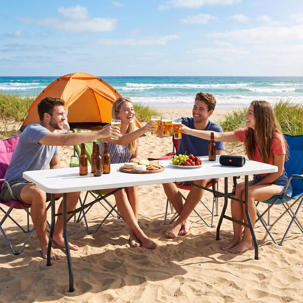 6 Foot Folding Table, Fold-in-Half Utility Table with Carrying Handle, 6FT Heavy Duty Portable Table for Party