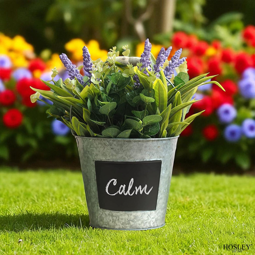 Galvanized Metal Chalkboard Bucket with Wooden Handle 7 Inch Dia - Set of 8 Rustic Farmhouse Floral Planter, Ideal