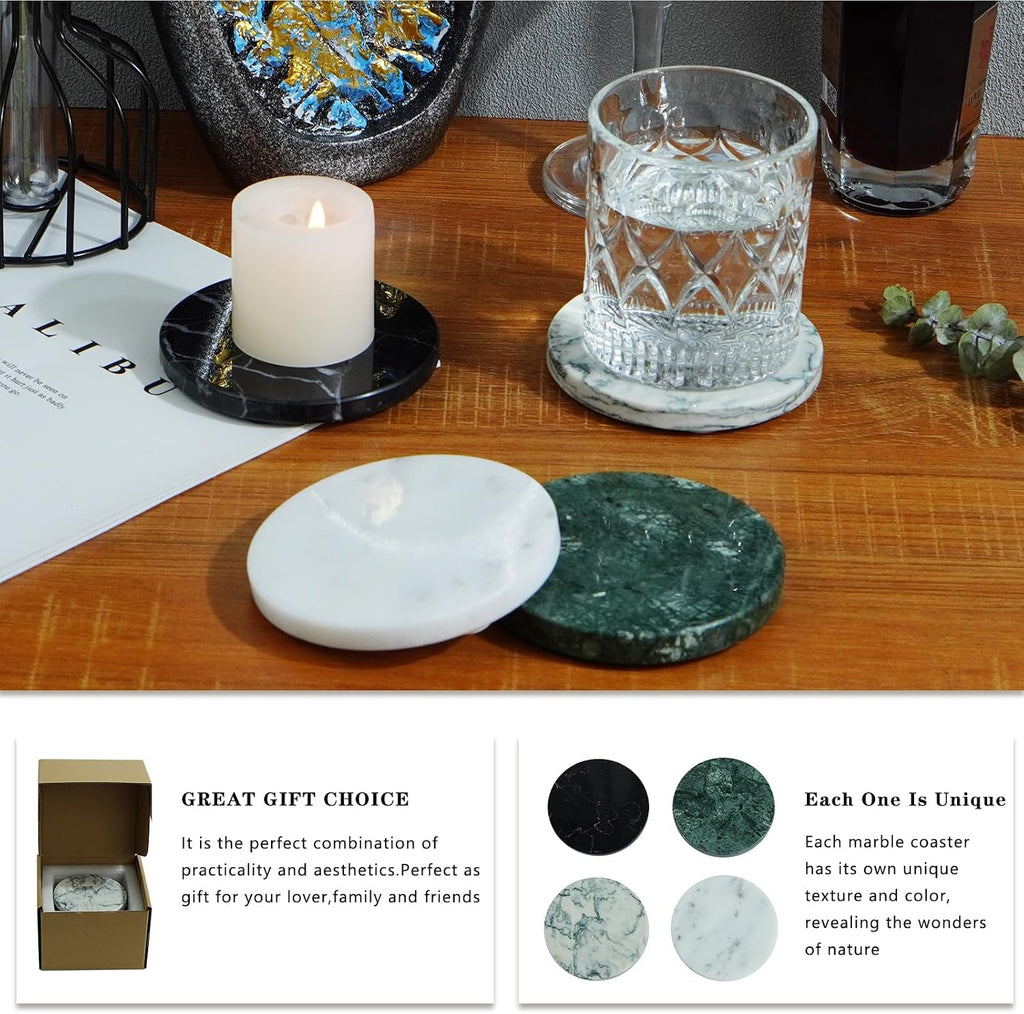 Natural Marble Coaster Round Coasters,3.9" Stone Coaster - Set of 4