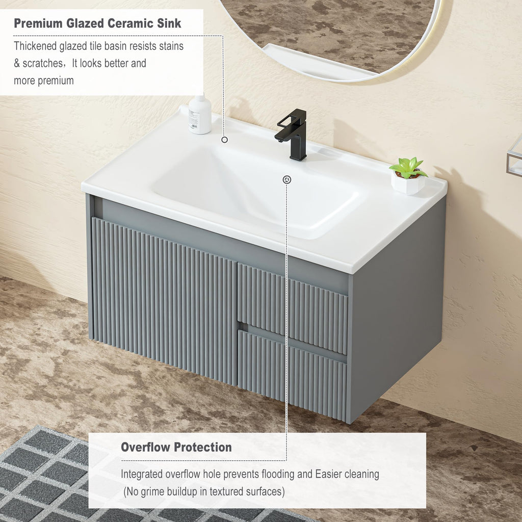 Floating Bathroom Vanity 32 Inch, Wall Mounted Bathroom Vanity with Ceramic Sink and 2 Drawers for Storage, Modern