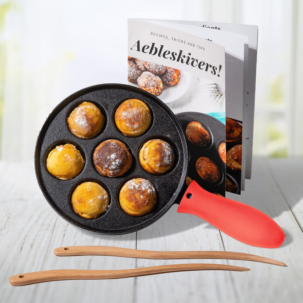 Cast Iron Aebleskiver Pan - Ideal for Mini Pancake Mold, Cake Pop Pan, and Takoyaki Maker - Danish Stuffed (Red)