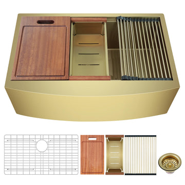 33 Inch Gold Farmhouse Sink, Luxury Single Bowl Stainless Steel Apron Front Workstation 16 Gauge, 10" Deep Handmade