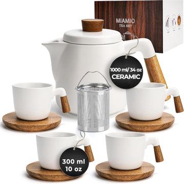 34 Oz Ceramic Tea Pot Set with Infuser and Cups/Tea Strainer, 4 Ceramic Tea Mugs (10 Oz), Bamboo Saucers/Handle