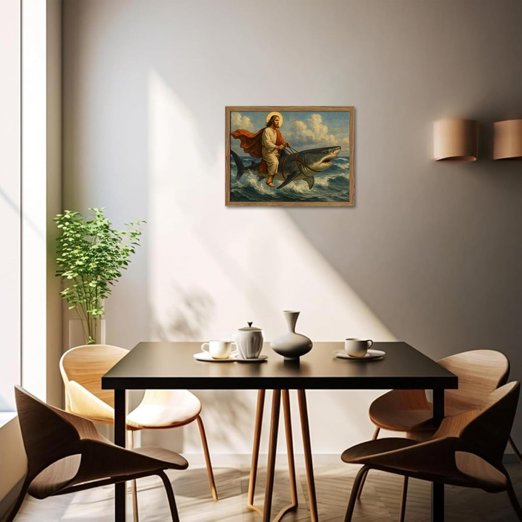 Framed Jesus Riding a Shark Wall Art, Humorous Christian Canvas Print, Fun Jesus Oil Painting, Religious Comedy Wall
