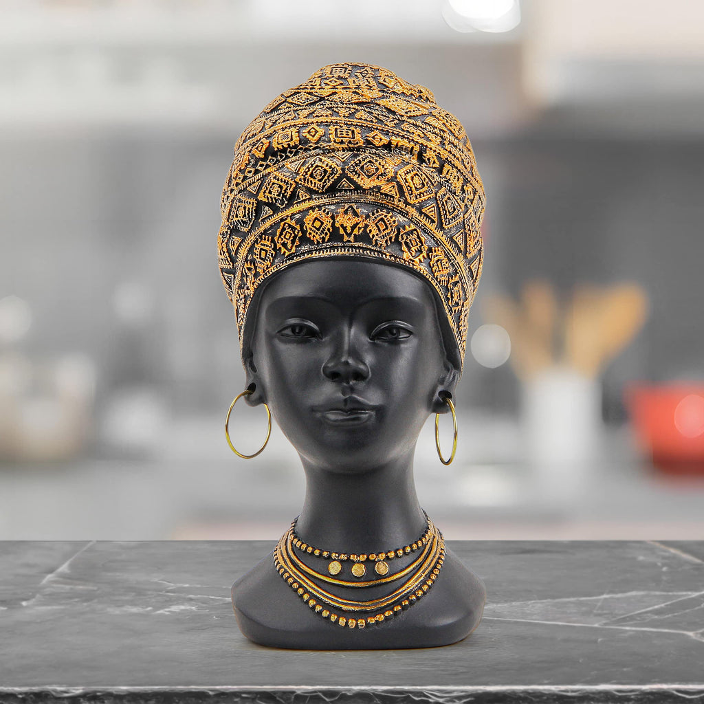 African Statue Decor, Women Bust Figurine Antique Gold