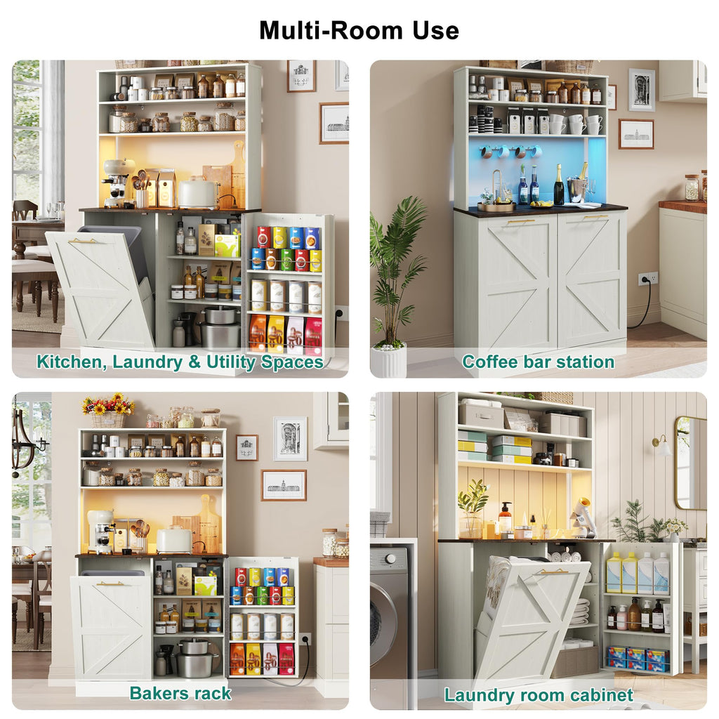63" H Pantry Cabinets with 10 Gallon Trash Can, Led Light, Outlet, 35" W Kitchen Hutch with Tilt Out Trash Can