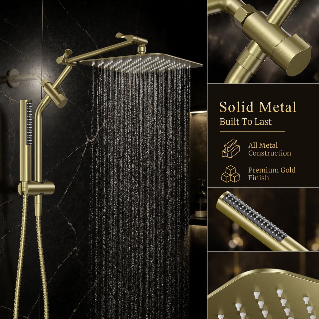 All Metal 10" Luxurious Gold Rain Shower Head with Handheld,Power Jet