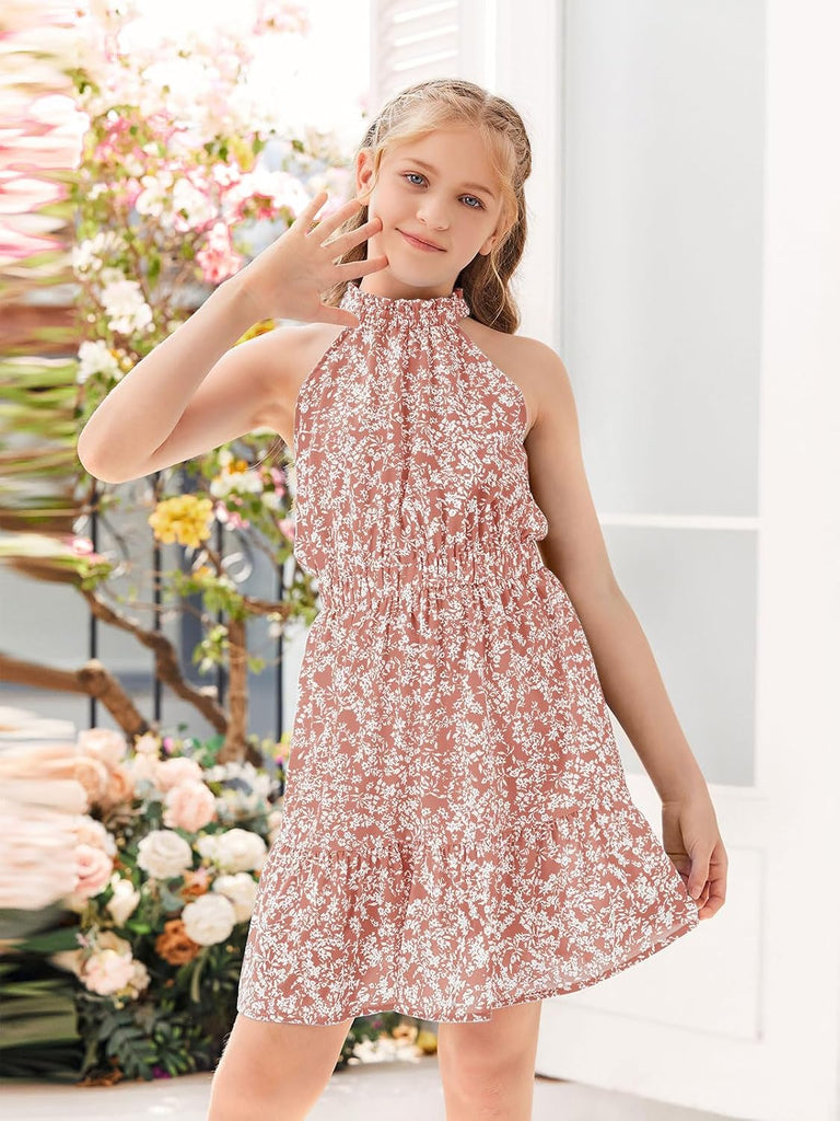 Floral Dresses Kids Summer Casual Halter Sleeveless Dresses